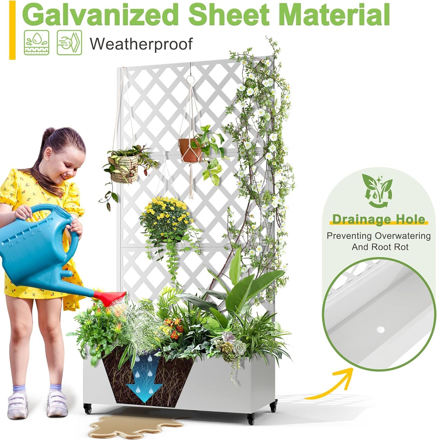 FENCY Metal Planter Box with Diamond Lattice Trellis Planter Box for Climbing Plants/Vines, Galvanized Raised Garden Bed On Wheels, Garden Bed with Trellis(73"x35" White)