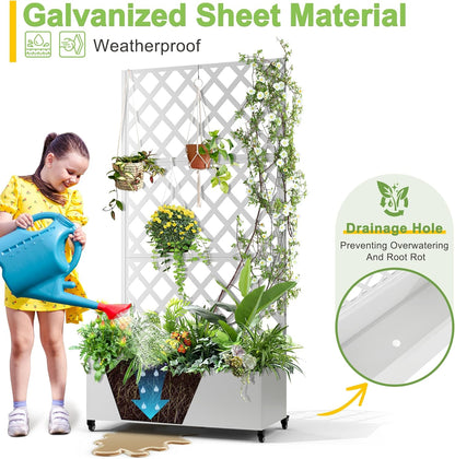 FENCY Metal Planter Box with Diamond Lattice Trellis Planter Box for Climbing Plants/Vines, Galvanized Raised Garden Bed On Wheels, Garden Bed with Trellis(73"x35" White)
