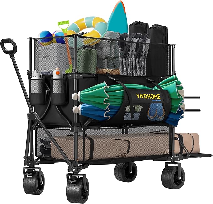 VIVOHOME 500L Large Capacity Double Decker Collapsible Wagon 500lbs Heavy Duty Utility Folding Cart with Big Wheels 53" Extended for Camping, Sports