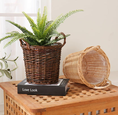 Handwoven Wicker Planter Basket with Waterproof Liner – Natural Yellow Decorative Flower Pot Holder for Indoor Use - Small Size (Inner Top Ø 7", Inner Height 5.9")