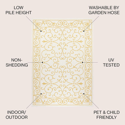JONATHAN Y SMB106M-5SQ Charleston Vintage Filigree Textured Weave Indoor Outdoor Area Rug, Classic Traditional Transitional Easy Cleaning,Bedroom,Kitchen,Backyard,Patio, Cream/Yellow, 5' Square