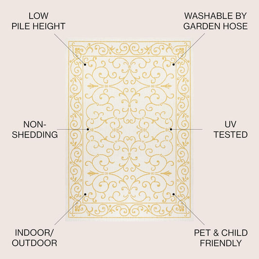 JONATHAN Y SMB106M-5SQ Charleston Vintage Filigree Textured Weave Indoor Outdoor Area Rug, Classic Traditional Transitional Easy Cleaning,Bedroom,Kitchen,Backyard,Patio, Cream/Yellow, 5' Square