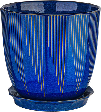 ADN 10 Inch Ceramic Planter Pot with Drainage Hole and Saucer,Large Round Plant pots for Indoor Outdoor Plants,Modern Flower pots, Navy