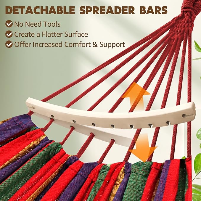 Chihee Cotton Hammock Large Soft Breathable Camping Hammock Holds Up to 660lbs Portable Tree Hammock with Detachable Spreader Bar Pillow 2 Strong Webbings 2 Carabiners Patio Garden Indoor Outdoor