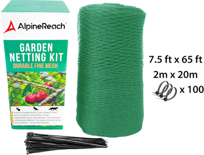 AlpineReach Garden Netting 7.5 x 65 ft Heavy Duty Bird Net, Deer, Plant Protection Extra Strong Woven Mesh, Reusable Kit with Zip Ties, Animal Fencing for Fruits Trees, Green