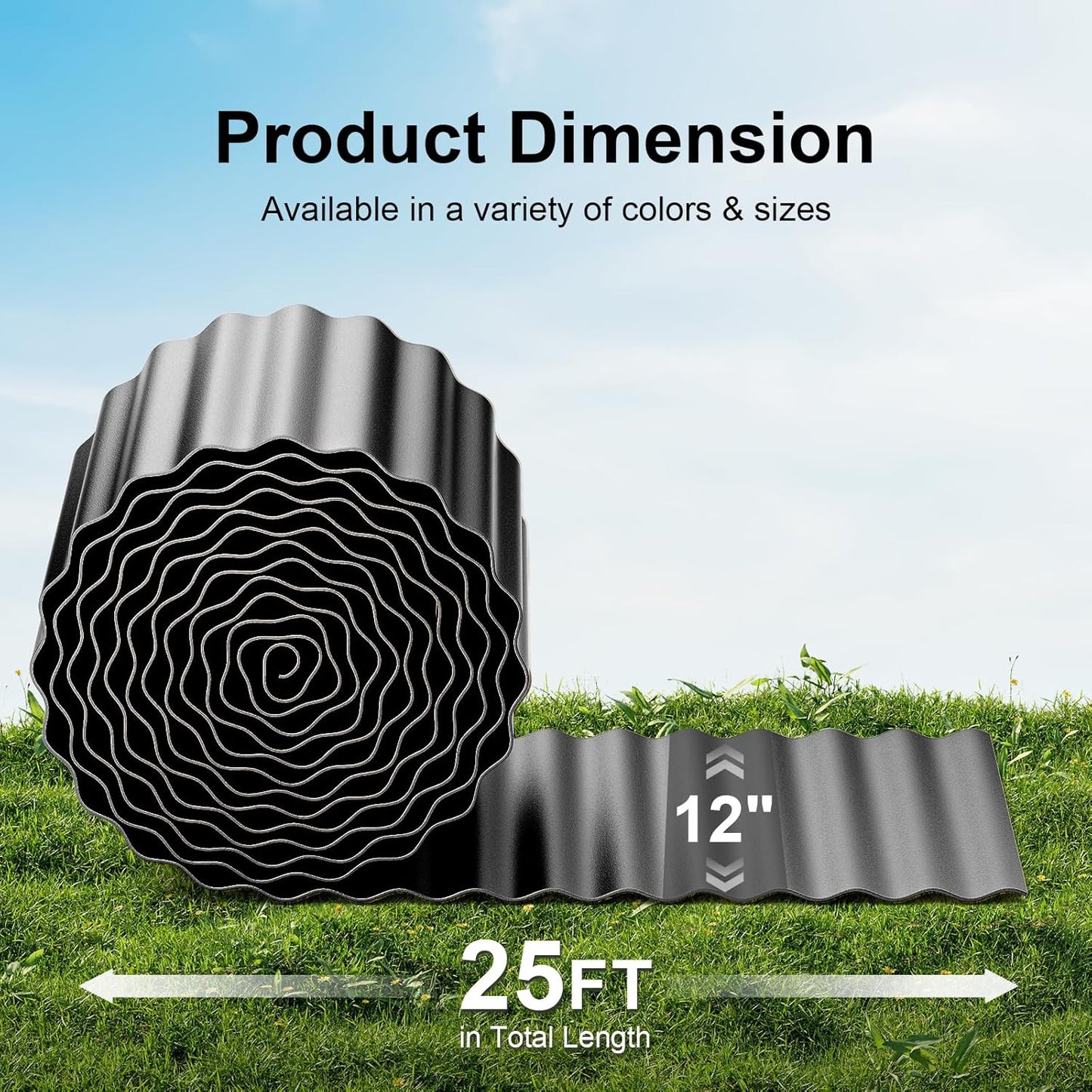Land Guard Corrugated Garden Edging Border, 12" x 25' Landscape Paver Edging, Tall Landscape Edging, Fence for Garden, Flower Bed, Lawn and Landscape Edging (Glossy Black)