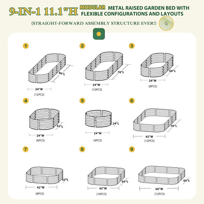 MUPATER 8x2x1 ft Raised Garden Bed Outdoor for Vegetables, 9-in-1 Galvanized Metal Planter Box, 11.1" H Modular Garden Bed Kit Oval for Herbs and Flowers, Grey
