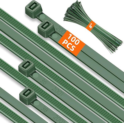 8 Inch PA66 Green Zip Ties, 100 Pcs 3.6mm Heavy Duty Plastic Wire Ties with 45 Lbs, Premium Self-locking Nylon Cable Ties Decoration Tie Wraps for Christmas Tree Gardening Fence Plants Grid Wall