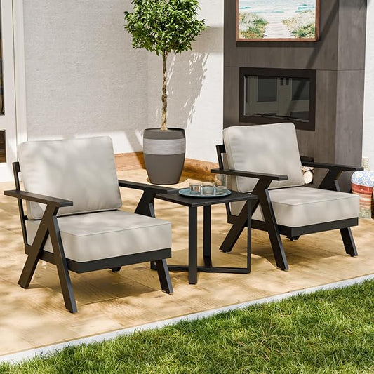 EAGLE PEAK Urban Slate 3 Piece Outdoor Bistro Set Modern Patio Chairs and Table, Outdoor Furniture Set for Balcony Porch Deck or Backyard, Black/Beige
