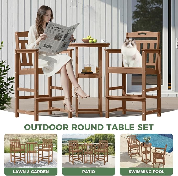 HDPE Outdoor Patio Bar Set with Bar Height Table and 2 Adirondack Chairs, All-Weather High Top Outside Round Pub Furniture for Bistro, Garden, Backyard, Deck | 3-Pieces, Teak