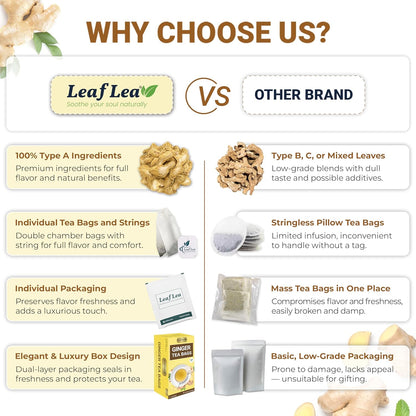 LeafLea 120 Ginger Tea Bags, 100% Pure Ginger Root Herbal Tea, Spicy & Warming Flavor, Supports Digestion & Immune Health, Individually Wrapped, Caffeine-Free, Sugar-Free, Gluten-Free, Non-GMO, Vegan