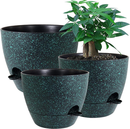 Large Self Watering Pots, 12/10/9 Plastic Planters with High Drainage Holes and Deep Reservoir for Indoor Outdoor Garden Plants and Flowers, Black with Green Speckles