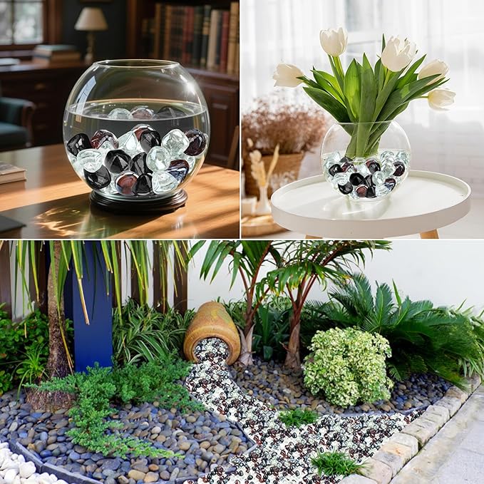 Skyflame 10-Pound Blended Fire Glass Diamonds for Fire Pit Fireplace Landscaping, 1/2 Inch Onyx Black, Crystal Ice, Amber Luster