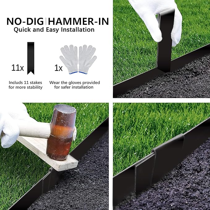 Worth Garden 10-Pack Galvanized Steel Landscape Lawn Edging - 4.5in H Black Powder Coated Bendable Metal Strips - Hammer-in Edging Border w/ 11 Clips - Yard Pathway Divider (33Ft Total)