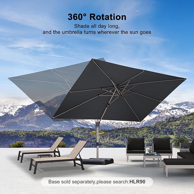 PURPLE LEAF 9' X 11.5' Patio Umbrella, Rectangle Outdoor Cantilever Umbrella, Aluminum Offset Umbrella with Champagne Frame and 360° Rotation for Pool Deck Garden, Grey
