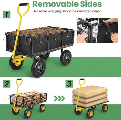 Homdox MAX 880 Lbs Garden Cart, Heavy Duty Foldable Mesh Steel Garden Wagon with 180° Rotating Handle and 10 Inch Tires, Pullable Yard Cart for Yard Garden Beach Farm, Yellow with Bag