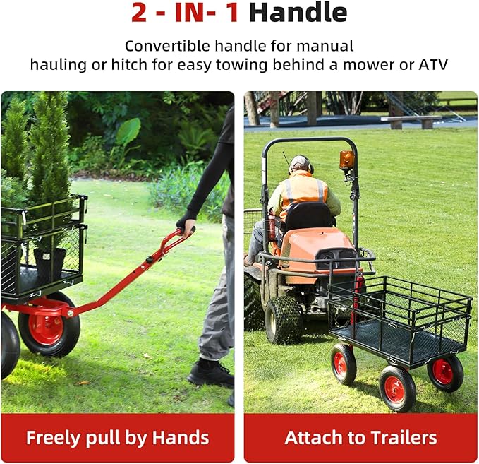 1400 LBS Steel Garden Yard Cart, Heavy-Duty Metal Garden Wagon Convertible 2-in-1 Handle and Removable Sides to Convert into Flatbed Lawn and Utility Wagons Cart