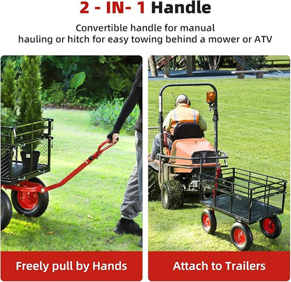 1400 LBS Steel Garden Yard Cart, Heavy-Duty Metal Garden Wagon Convertible 2-in-1 Handle and Removable Sides to Convert into Flatbed Lawn and Utility Wagons Cart