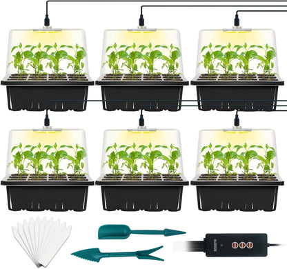 6-Set Seed Starter Tray with Grow Light, Seed Starting Trays Kits with Timing Controller Adjustable Humidity Domes Heightened Lids(12-Cells Per Tray)