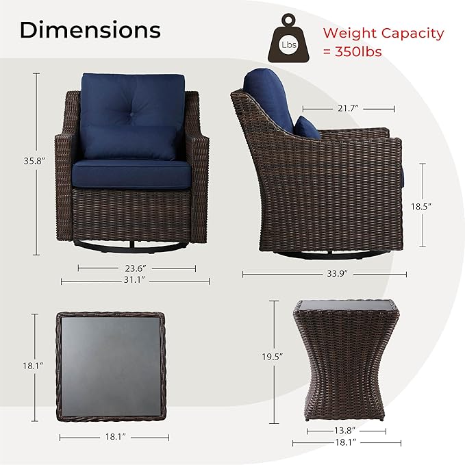 CHITA 3 Pieces Wicker Patio Bistro Set, Outdoor Furniture Set with 2 Pieces Rattan Rocking Swivel Chairs, Thickened Cushions and Side Table