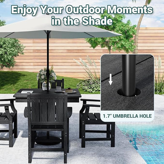 Pamapic 5 PCS Outdoor Dining Set, Spacious HDPE Outdoor Table and Chairs, Wood Grain Patio Furniture Sets with Elegant Armrest, All-Weather Patio Dining Table with Umbrella Hole, Black