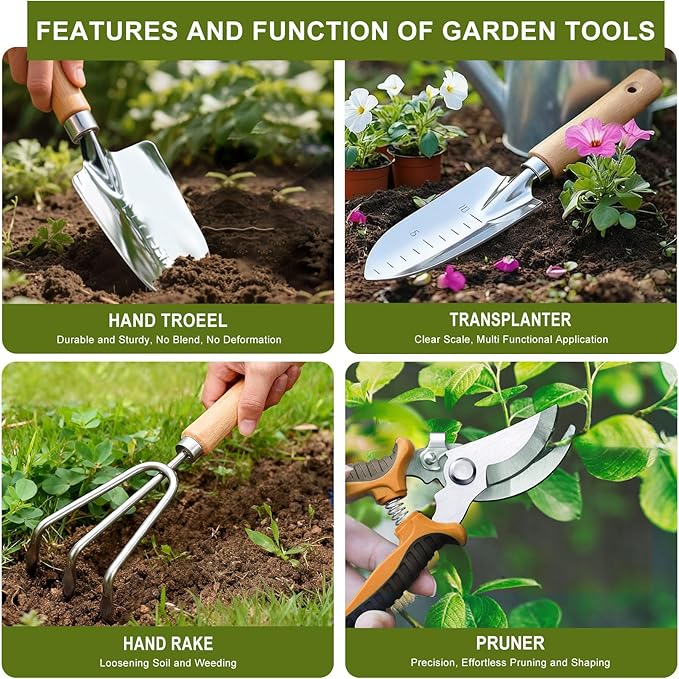 Kynup Gardening Tools, Garden Tools Set-9 Piece, Garden Hand Tool Kit with Cultivators, Thickened Stainless Steel, Rust-Proof, Gardening Supplies, Garden Stuff, Gifts for Women