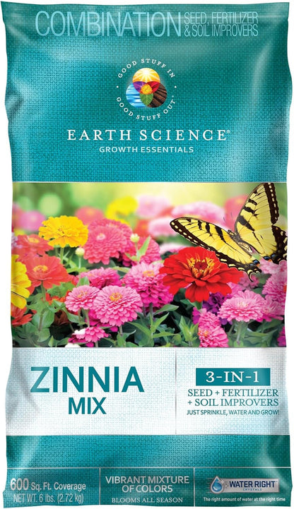 Earth Science Zinnia Wildflower Mix—6lb – 3-in-1 Seeds Plant Food & Soil Conditioner – Non-GMO Vibrant Blooming Flowers for Gardens Low Maintenance Attracts Pollinators – Covers 600 Sq Ft Eco-Friendly