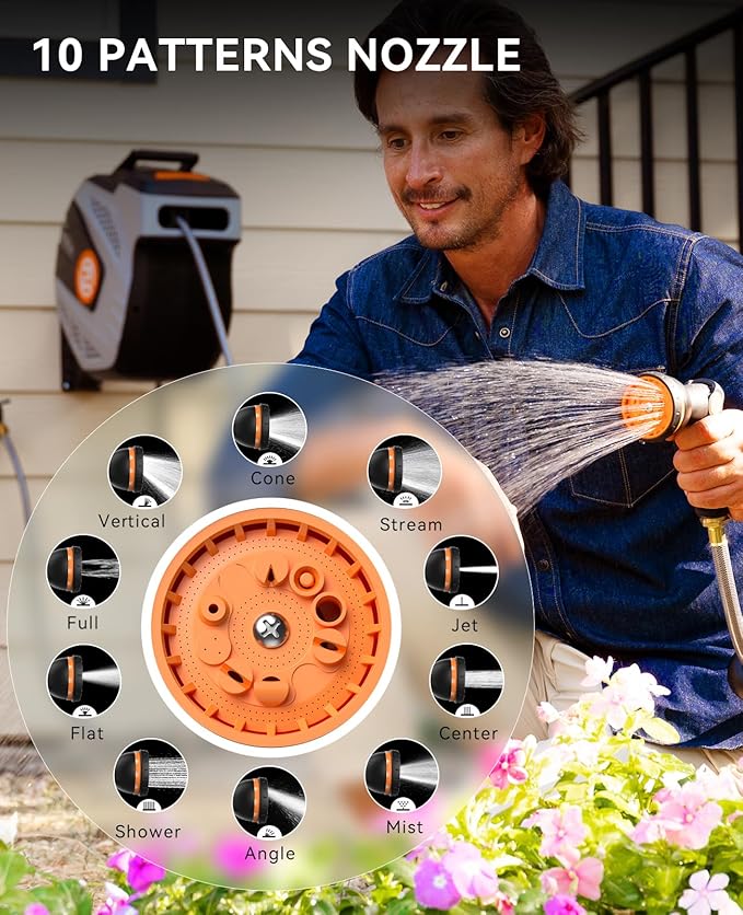 SUNPOW Retractable Garden Hose Reel - 1/2 inch x 115ft Wall Mounted Hose Reel with 3/4 inch Brass Fitting & 10 Function Sprayer Nozzle - Any Length Lock, Auto Rewind System, 180°Swivel Bracket- Grey