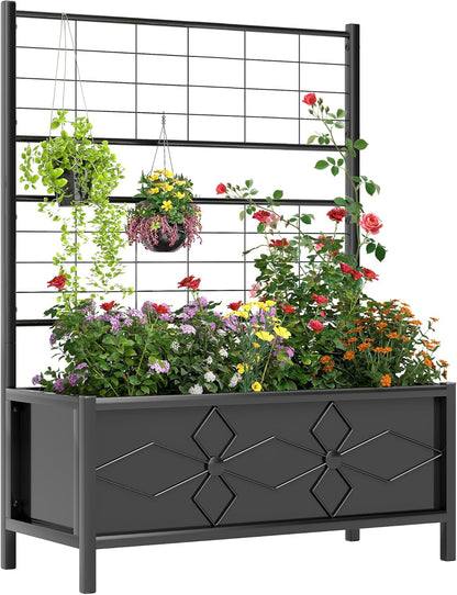 Outsunny Planter Box with Trellis, 35.4 x 15.7 x 47.2 inch Raised Garden Bed with Drainage Holes, Planters for Outdoor Plants, Vegetables, Flowers, Herbs, Trellis Planter, Black