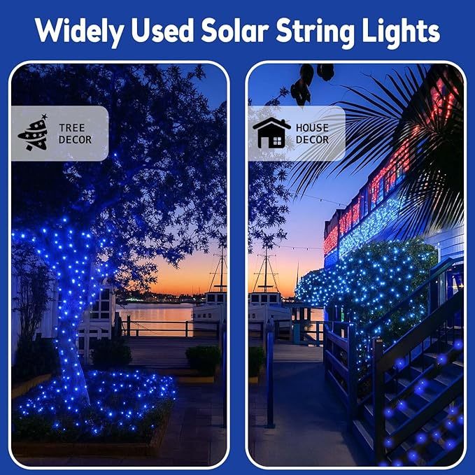 4 Pack 180FT Solar Christmas Lights Outdoor Waterproof, Super Bright 320 LED Solar String Lights with 8 Lighting Modes, Green Wire Twinkle Tree Light for Outside Xmas Party Decorations (Blue)