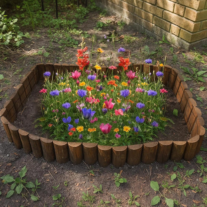 Wood Garden Edging for Landscaping – Staggered Half-Round Wooden Fence Border, Rustic Flower Bed Edging, Natural Pine, 7.9” x 4ft, Outdoor Garden Decor (6 Pack)