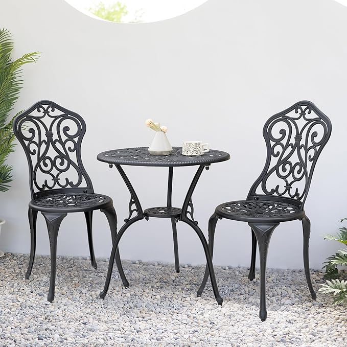 NUU GARDEN 3-Piece Outdoor Bistro Set with 2 Chairs and Round Table with Umbrella Hole, All-Weather Patio Set for Garden, Porch, Lawn, Poolside, Black