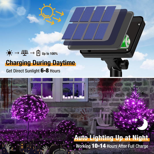 4 Pack Solar String Lights Outdoor - 320LED 132FT Halloween Solar Fairy Lights Outside Waterproof, 8 Modes Purple Solar Powered Twinkle Lighting Decorations for Tree Garden Yard Spooky Patio Party