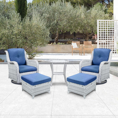 Outdoor Swivel Rocker Furniture 5 Pieces Patio Wicker Furniture Sets, Rattan Patio Swivel Glider Chairs with 2 Ottoman and Glass Side Table