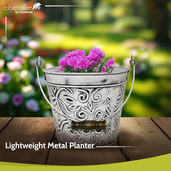 Headwind Robert Allen Vintage Floral Metal Planter with Handle, 12-Inch, Rustic White – Lightweight Indoor/Outdoor Flower Pot with Drainage Hole