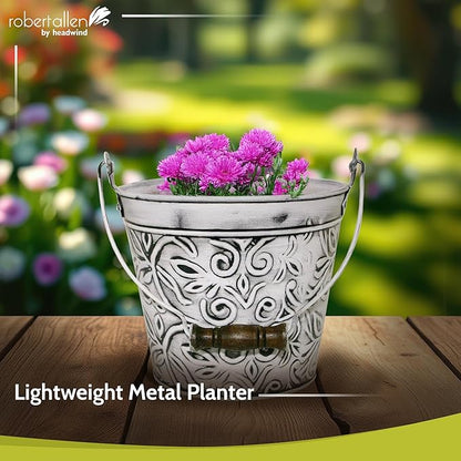 Headwind Vintage Collection - Floral Rustic White Planter with Handles – 8 Inch Medium Flower Pots Decorative Plant Indoor – Plant Pots Indoor with Drainage by Robert Allen