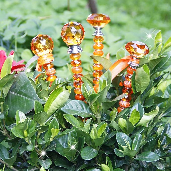 119 Pcs Garden Stake DIY Fairy Wand Plant Stake with Orange Large Hole Beads Crystal Diamond Stopper Top 4 Stainless Steel Threaded Rod Beaded Garden Stakes for Outdoor Indoor Yard Patio Decorations
