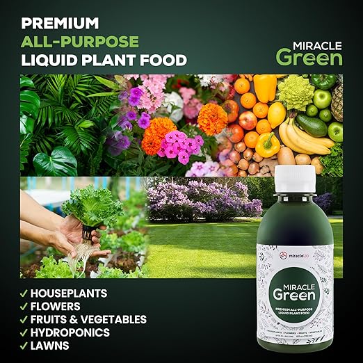 Miracle Green Fast-Acting Liquid Fertilizer- Special Formula with Tree Sap & Yucca Plant Extract - All-Purpose Fertilizer for Houseplants, Flowers, Fruits, Vegetables & Trees (8 oz Plant Food)