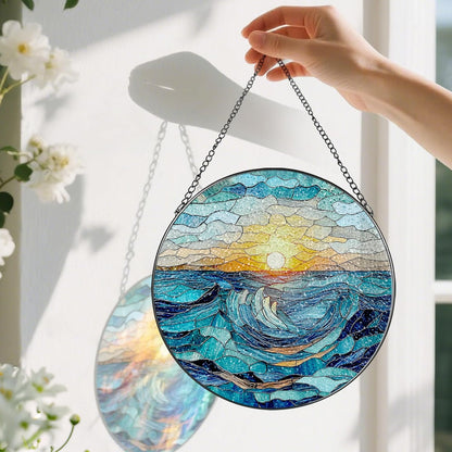 Stained Glass Window Hanging, Pauyadu 8 Inch Beach Stained Glass Suncatcher, Window Decoration Hanging, Sunrise Lover Gift, Natural Gift, Beach Home Decor, Gifts for Family, Friends, Colleagues