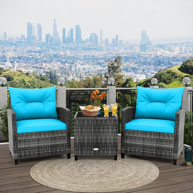 RELAX4LIFE 3 Piece Patio Furniture Set, Wicker Bistro Conversation Set w/2 Cushioned Armchairs & Glass Topped Table, Outdoor Rattan Sofa Set Patio Furniture for Porch Balcony Poolside (Grey-Turquoise)