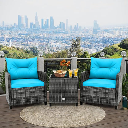 RELAX4LIFE 3 Piece Patio Furniture Set, Wicker Bistro Conversation Set w/2 Cushioned Armchairs & Glass Topped Table, Outdoor Rattan Sofa Set Patio Furniture for Porch Balcony Poolside (Grey-Turquoise)