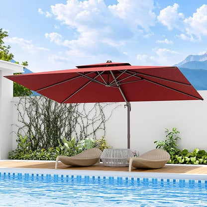9x12 FT Patio Umbrella with base, Large Cantilever Rectangular Double Top Heavy Duty Offset Umbrellas with 360° Rotation, Outdoor shade for Garden Deck Pool, Red