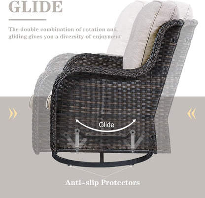 Outdoor Patio Furniture Set with Propane Fire Pit Table, 7 Pieces Wicker Patio Conversation Set with 2 Swivel Glider Rocker Chair Rattan Sofa Beige Cushion Perfect for Casual Gathering