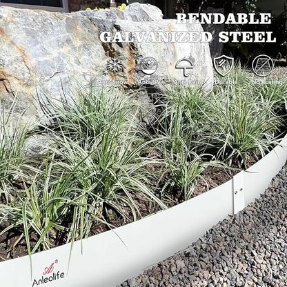 A ANLEOLIFE 6 Pack 40" LX 6" H Galvanized Steel Garden Landscape Edging, Bendable Hammer-in Metal Lawn Border with Gloves and 10 Stakes (20FT Total) (6 inch Tall, Antique White)