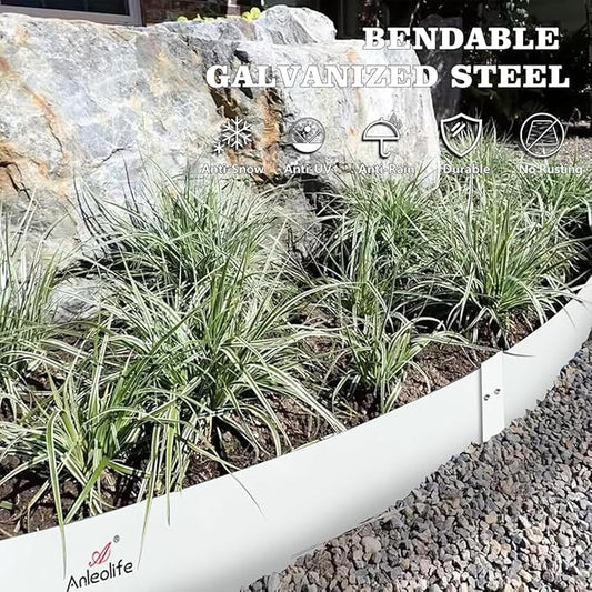 A ANLEOLIFE 6 Pack 40" LX 6" H Galvanized Steel Garden Landscape Edging, Bendable Hammer-in Metal Lawn Border with Gloves and 10 Stakes (20FT Total) (6 inch Tall, Antique White)