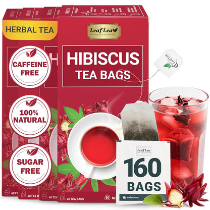 LeafLea Hibiscus Tea Bags – 160 Count, Individually Wrapped, 100% Natural Hibiscus Flower Herbal Tea, Caffeine-Free, Sugar-Free, Gluten-Free, Non-GMO, Te de Hibisco, Jamaica Tea, (Pack of 4)