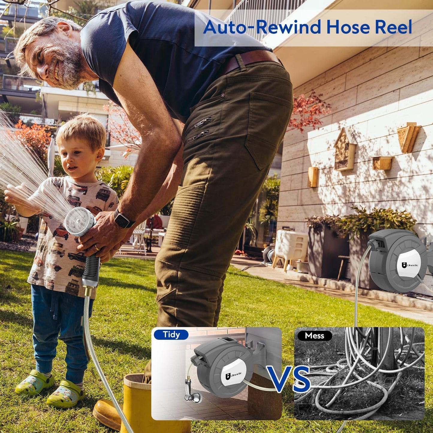 Retractable Garden Hose Reel, 1/2 in x 100 ft Wall Mounted Hose Reel, 10-Pattern Spray Nozzle, Any Length Lock/Slow Return System/Wall Mounted/180°Swivel Bracket