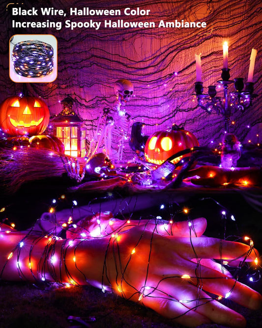 Brizled Orange & Purple Halloween Lights, 2 Pack Total 78FT 240 LED Solar Halloween Fairy Lights, 8 Modes Outdoor Orange Fairy Light, Purple Twinkle Light String Black Wire Outside Spooky Decorations