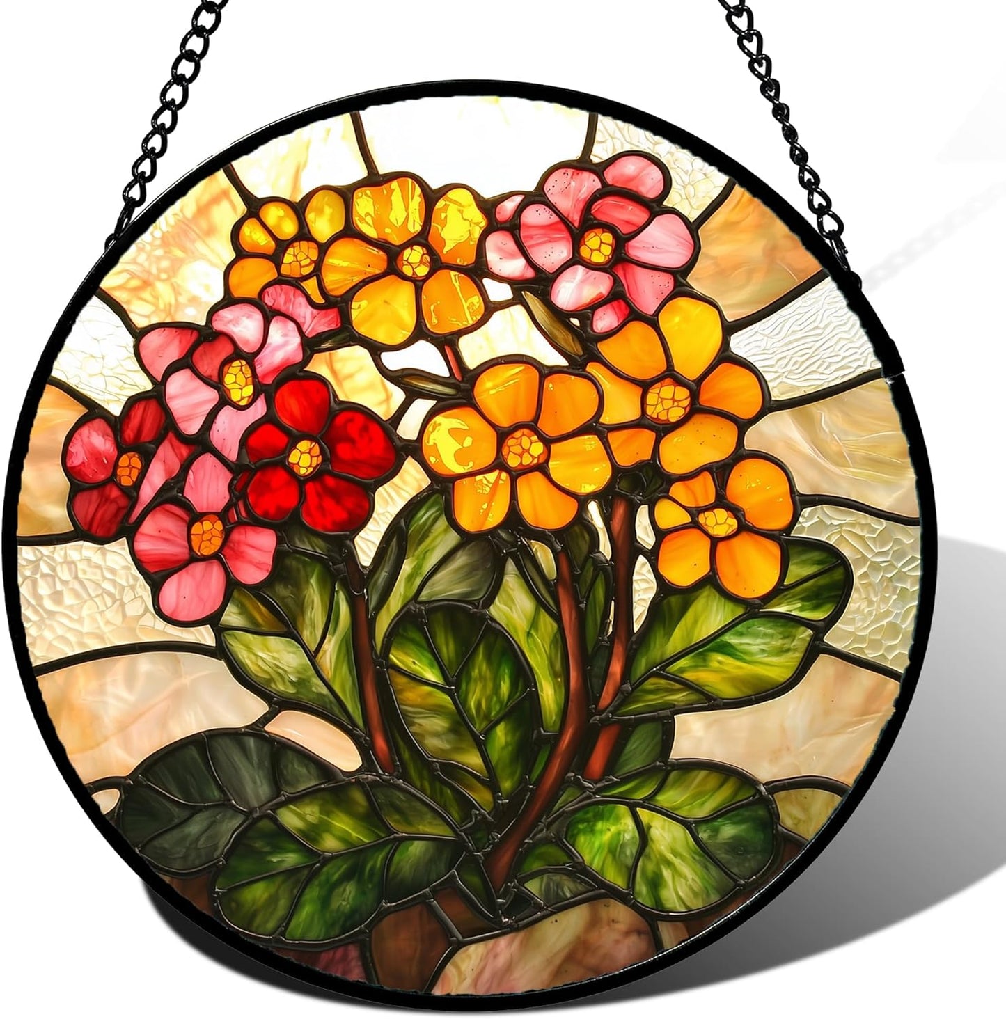 Stained Glass Window Hanging, Yellow Red Flowers Sun Catcher for Window Door Home Decor Green Plant Suncatcher Christmas Mother's Day Birthday Gifts for Women Men Mom and Nana 11.8 in