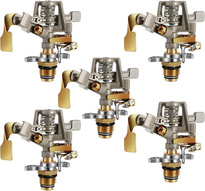 Impact Sprinkler Head Brass Pulsating Sprinkler Lawns Garden Adjustable 360 Degrees Watering Heavy Duty Sprinkler Head with Nozzles for Yard and Grass Irrigation (5 Pieces)